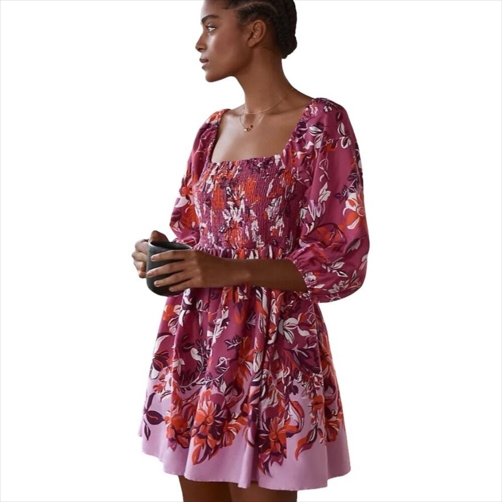 Alexandra Farmer for Anthropologie Smocked Pink Floral Mini Dress Small Petite